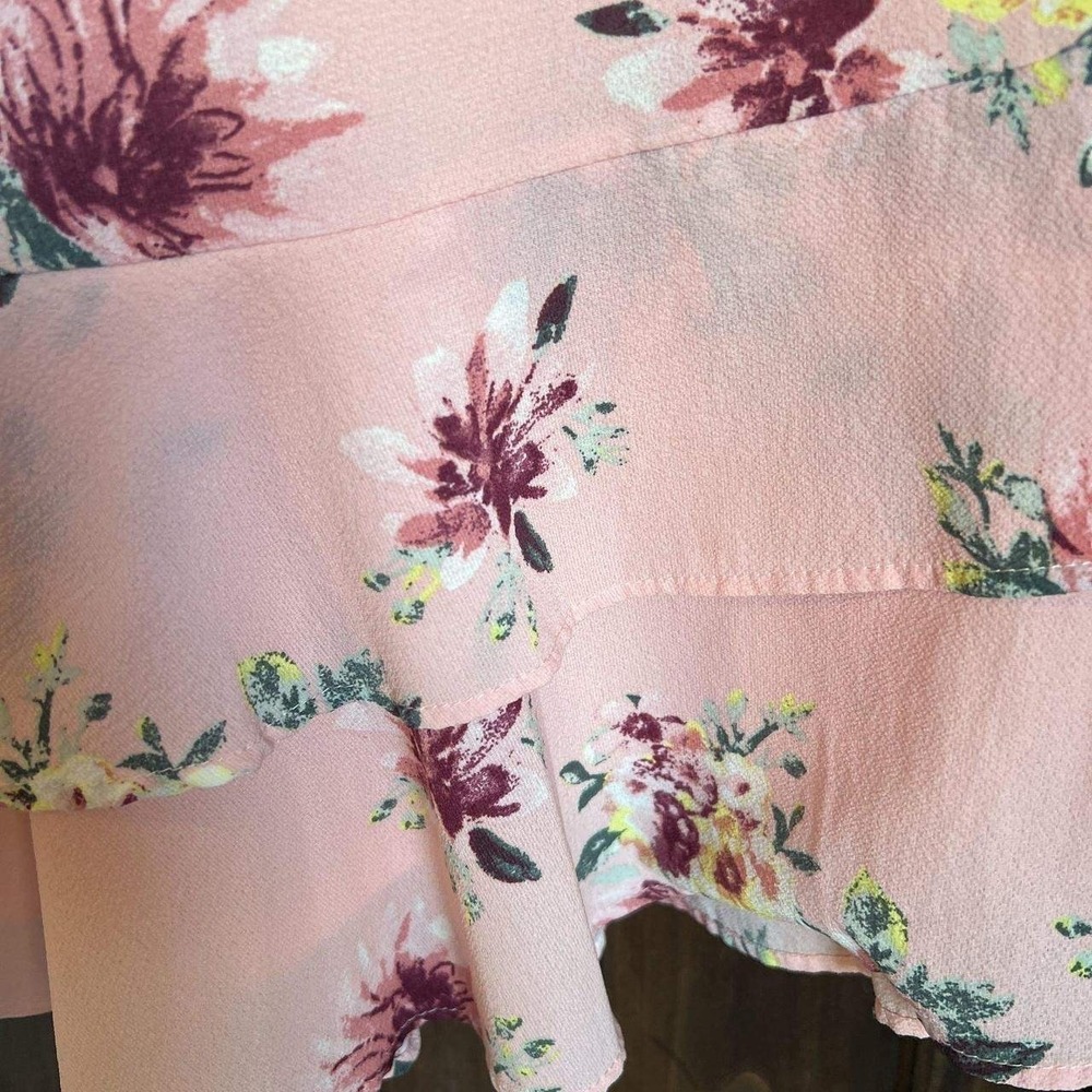 Women Pink Floral Tiered Ruffle Bell Sleeve Mini Shift Dress Large Romantic Boho - Picture 5 of 7
